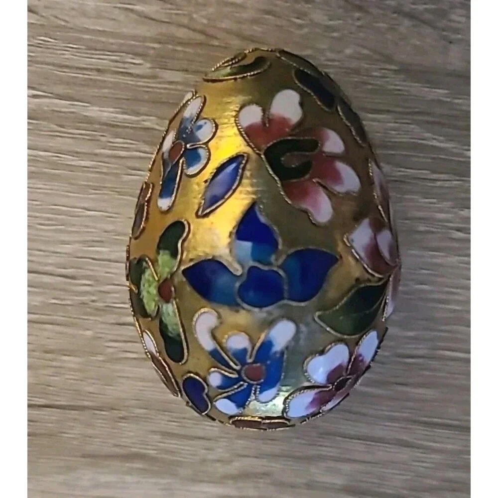Vtg*Cloisonne Egg* Enameled Multicolored Jewel Tone Flowers Leaves - Picture 3 of 8